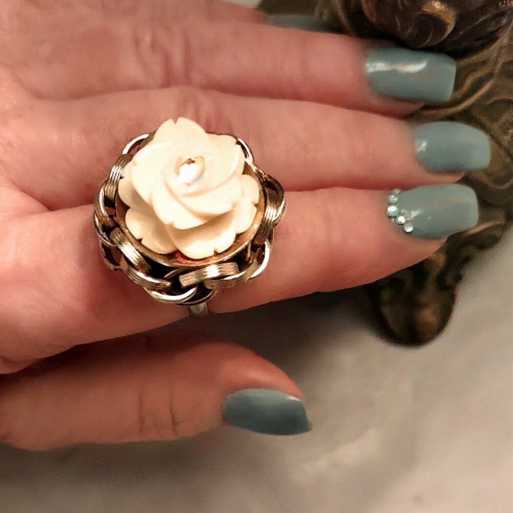 3-D Rose Flower Carved Plastic Vintage Upcycled Ring